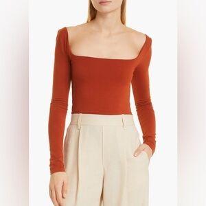 Vince NWT Square Neck Long Sleeve Pima Cotton Knit Top in Rust Amber
